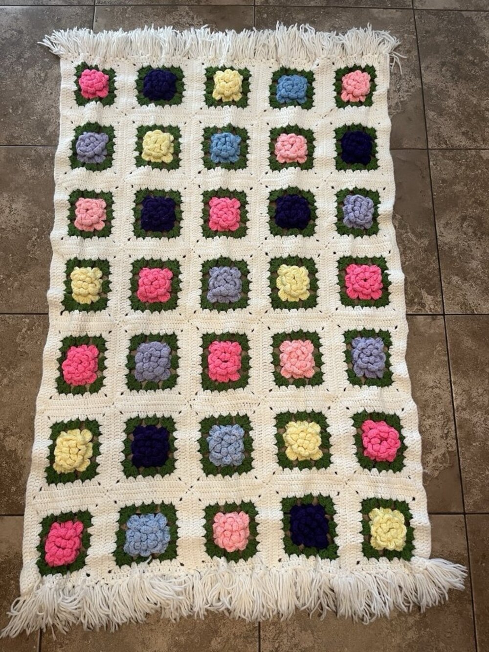 Vintage Handmade Crochet Lap Blanket Afghan Throw Granny Square 3D Colored Roses